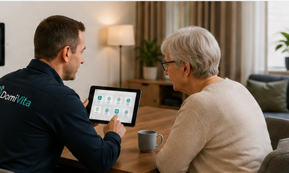 Een DomiVita-medewerker geeft thuis uitleg over toegankelijke woningbediening